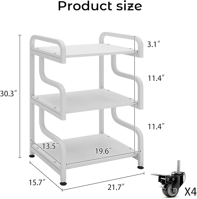 Natwind 3-Tier Printer Stand with Wheels Movable Storage Cart Floor-Standing Multi-Purpose Shelf Rack for Media Player Scanner Files Books Microwave Oven in Kitchen Living Room Home Office (White)