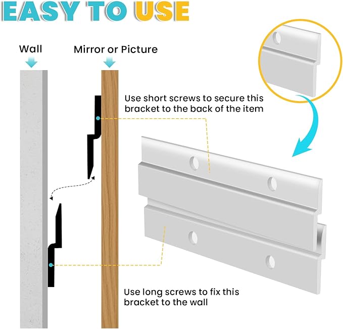 French Cleat, Picture and Mirror Hanger, Aluminum French Cleat, Headboard Wall Mounting Brackets with Screws(12 Inch-1 Pair, Support 80 lbs)