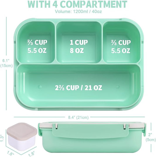 Bento Box Adult Lunch Box, Lunch Containers for Kids Girls Boys with 4 Compartments, Lunchable Food Container with Utensils, Sauce Jar, Muffin Liners, 40 Oz/5 Cup, Seafoam Green