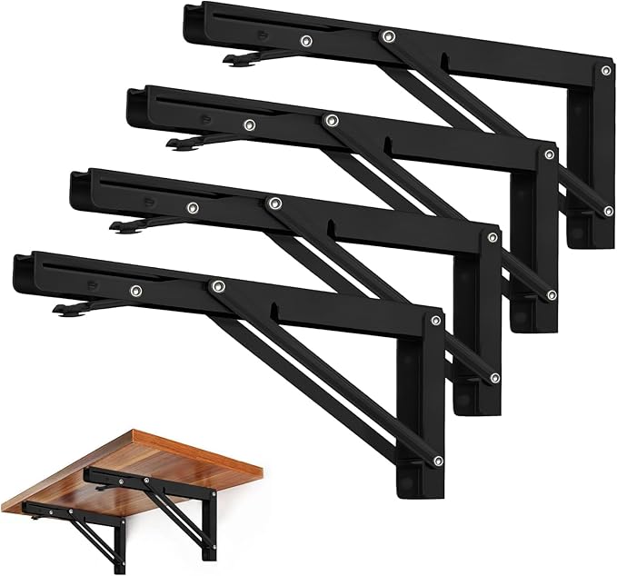 Storystore Folding Shelf Brackets - 12 Inch Heavy Duty Metal Collapsible Shelf Bracket for Bench Table, Shelf Hinge Wall Mounted Space Saving DIY Bracket, Max Load: 150 lb (4 PCS, Black)