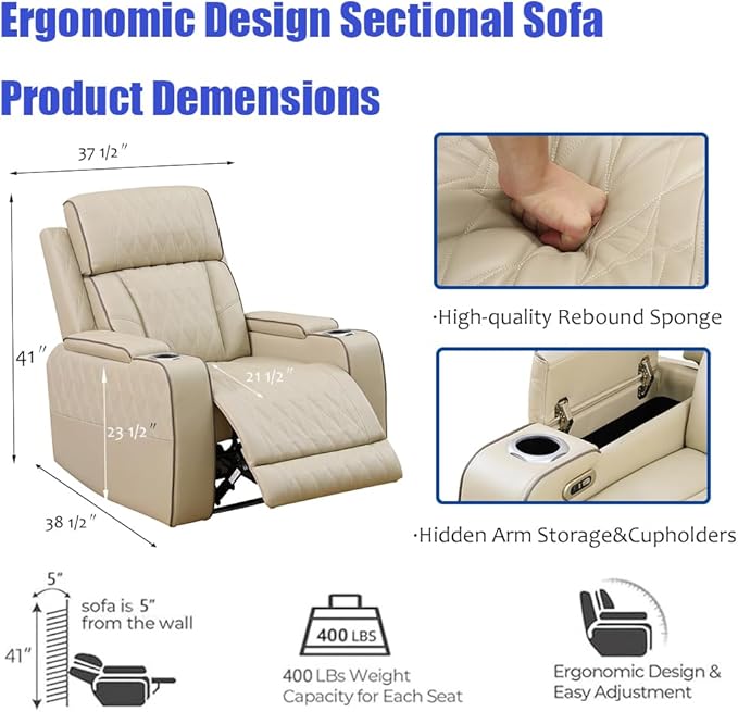 Leather Power Recliner Sectional Sofa, Power Sectional Sofa and Chair, Brown Recliner Couch Sets with LED, Read Lights, USB Charging, Cup Holders, Storage for Living Room/Home/Office/House