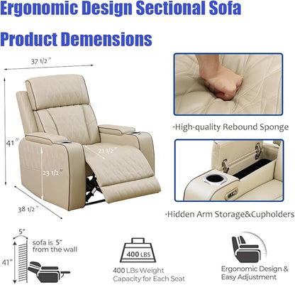 Power Recliner Sectional Sofa, Brown L-Shaped Living Room Furniture Set, Leather Sofa and 2 Chairs Reclining Sectional Couch with LED/Storage Console/Cup Holder for Living Room/House