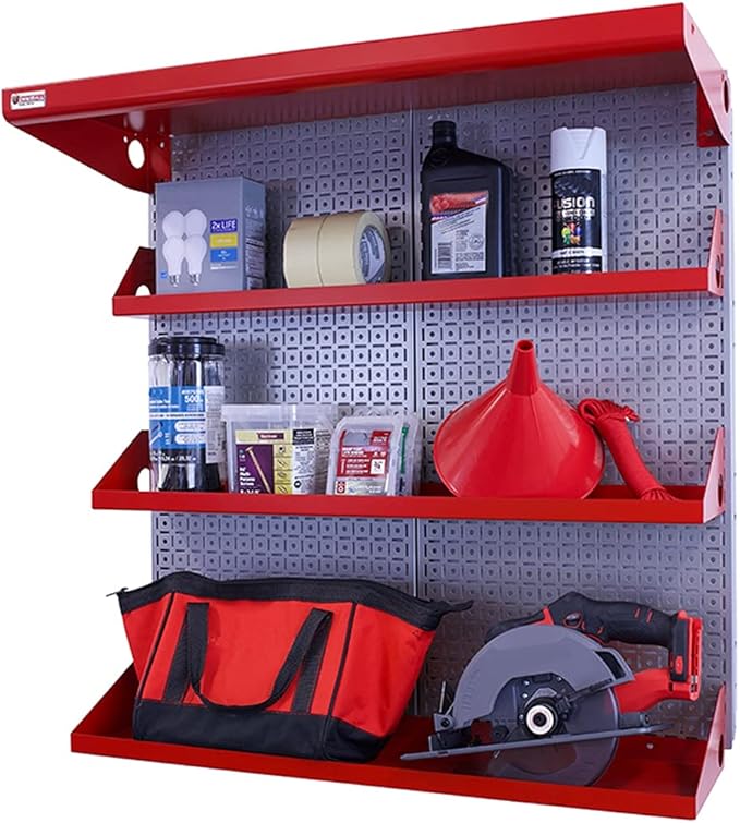 OmniWall Metal Pegboard Shelving Organization System Shelving Kit 32" x 32" Modular Pegboard- Panel Color: Silver Accessory Color: Red