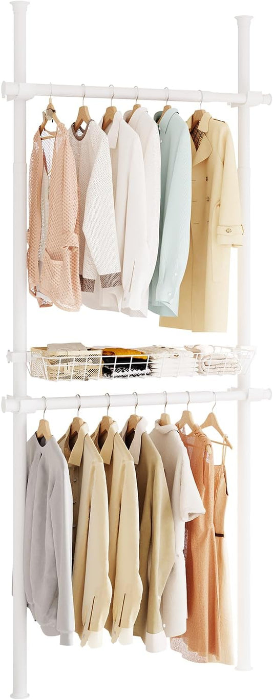 Floor-to-Ceiling Clothing Rack with Wire Storage Basket, Double Hanging Rods, Adjustable Tension Closet Organizer for Bedroom, Walk-In Closet, Laundry Room, 2-Pole, White