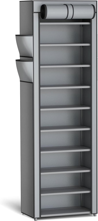 Kitsure Shoe Rack - 10-Tier Large Capacity Shoe Organizer Shelf with Dust Cover & Side Pockets, Rust-Proof Metal Shoe Rack for Closet, Entrance, Living Room, 17.5" x 12.4" x 69.3", Grey