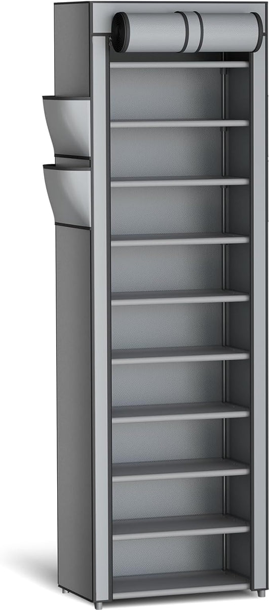 Kitsure Shoe Rack - 10-Tier Large Capacity Shoe Organizer Shelf with Dust Cover & Side Pockets, Rust-Proof Metal Shoe Rack for Closet, Entrance, Living Room, 17.5" x 12.4" x 69.3", Grey