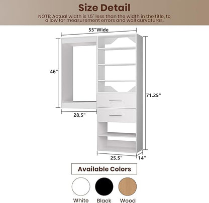 ROOMTEC Modular Closet System, 55" Wall Mounted Closet Organizer with Hanging Rods and Drawers, Wooden Tower for Walk-In Closets, Wardrobe Storage Kit, White