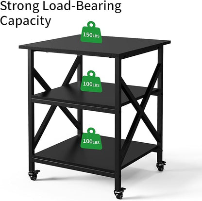 Ollieroo 3 Tier Printer Stand, Large Table with Wheels, Rolling Cart with Height Adjustable Middle Storage Shelf, 23.6 x 23.6 x 30.3 Inches Shelf for Home Office, Black