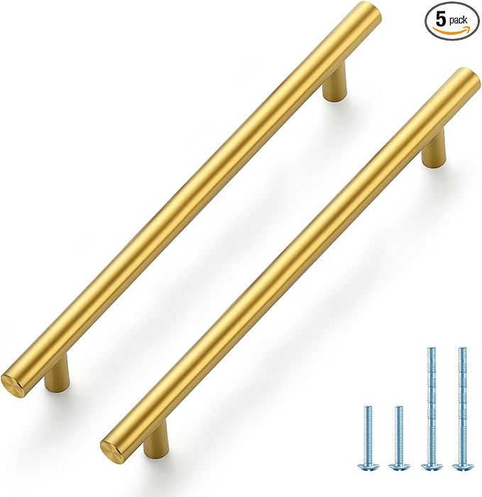 JOY DECOR 5 Pack 10 Inch Cabinet Pulls Kitchen Cabinet Handles with 7-1/2 Inch Hole Center Brushed Brass Cabinet Hardware Stainless Steel Kitchen Drawer Pulls 192mm Hole Centers