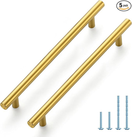 JOY DECOR 5 Pack 10 Inch Cabinet Pulls Kitchen Cabinet Handles with 7-1/2 Inch Hole Center Brushed Brass Cabinet Hardware Stainless Steel Kitchen Drawer Pulls 192mm Hole Centers