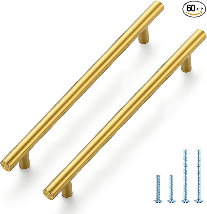JOY DECOR 60 Pack 10 Inch Cabinet Pulls Kitchen Cabinet Handles with 7-1/2 Inch Hole Center Brushed Brass Cabinet Hardware Stainless Steel Kitchen Drawer Pulls 192mm Hole Centers