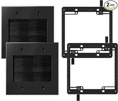 VCELINK 2 Gang Brush Wall Plate (Black, 2 Pack), Cable Pass Through Wire Hider for Cable Management, Compatible with Ethernet Cables, HDMI Cables & Home Theater Systems (Black, with Bracket)