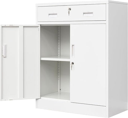 Metal Storage Cabinet, Locking Cabinet with 1 Drawer and Adjustable Shelf, 36" H x 28" W x 16" D Steel Storage Cabinet for Office, Garage, Home-White