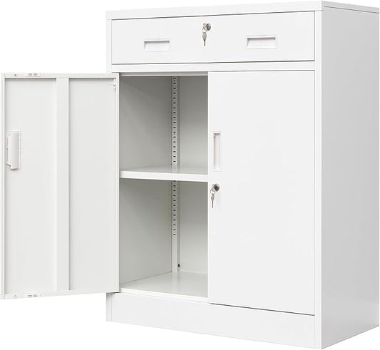 Metal Storage Cabinet, Locking Cabinet with 1 Drawer and Adjustable Shelf, 36" H x 28" W x 16" D Steel Storage Cabinet for Office, Garage, Home-White