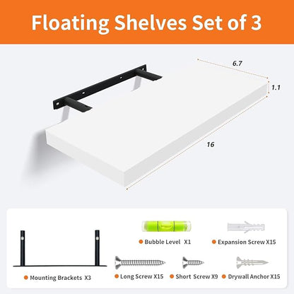 White Floating Shelves for Wall Set of 3, 16" White Shelves for Home Decor, Frame Display Wall Mounted Floating Shelf for Living Room, Bedroom, Bathroom, Kitchen