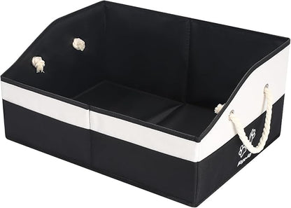 Large Dog Toy Basket With Handle, Foldable Dog Toy Box for Living Room Area, 20" Basket for Dogs Toys, Clothes, Organizers and Storage with Hard Board, Anti-slip for Pet Toys (Black, Medium)