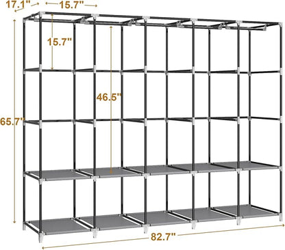 83 Inch Wide Portable Closet Wardrobe, Clothes Storage Rack Organizer with Cover, 5 Clothes Hanging Rods and 10 Storage Shelves, Grey