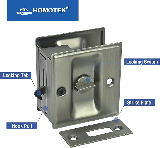 HOMOTEK 2 Pack Privacy Sliding Door Lock with Pull - Replace Old Or Damaged Pocket Door Locks Hardware Quickly and Easily, 2-3/4”x2-1/2”, for 1-3/8” Thickness Door, Antique Brass