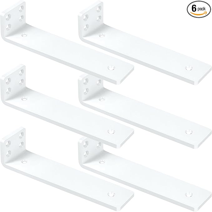 White Floating Shelf Brackets 4 inch, Heavy Duty Wall Shelf Bracket 6 Pack for Shelves Support, Hidden Metal L Brackets with Mounting Hardware (1/5'' Thick)