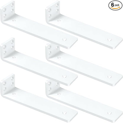 White Floating Shelf Brackets 4 inch, Heavy Duty Wall Shelf Bracket 6 Pack for Shelves Support, Hidden Metal L Brackets with Mounting Hardware (1/5'' Thick)