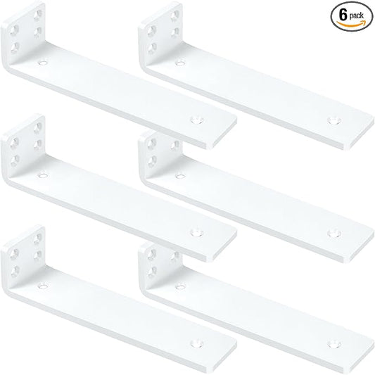 White Floating Shelf Brackets 4 inch, Heavy Duty Wall Shelf Bracket 6 Pack for Shelves Support, Hidden Metal L Brackets with Mounting Hardware (1/5'' Thick)