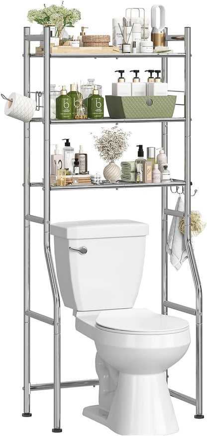Simple Trending 3 Tier Over The Toilet Rack, Bathroom Shelves with 4 Hooks and Paper Holder, Bathroom Stand Organizer Space Saver, Chrome