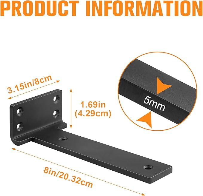 Floating Shelf Brackets 8 inch 6 Pack L Brackets for Shelves Black Metal Heavy Duty Shelf Bracket for DIY Decorative with Mounting Hardware