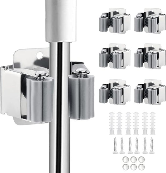 6PCS Broom and Mop Holder, Heavy Duty Garden Tool Organizer Rack Rake and Shovel Handle, Stainless Steel Mop Hanger. Wall Mounted Utility Rack with Screws, Silver.
