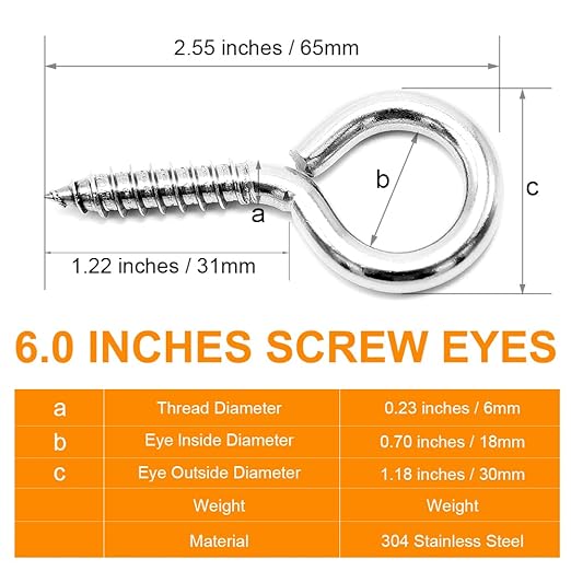 6 Pcs M6 304 Stainless Steel Screw Eye Hooks, 2-1/2 Inches Eyes Screw Hooks,Heavy Duty Screw Eye Bolt,Load Bearing 200LB,Indoor & Outdoor Use