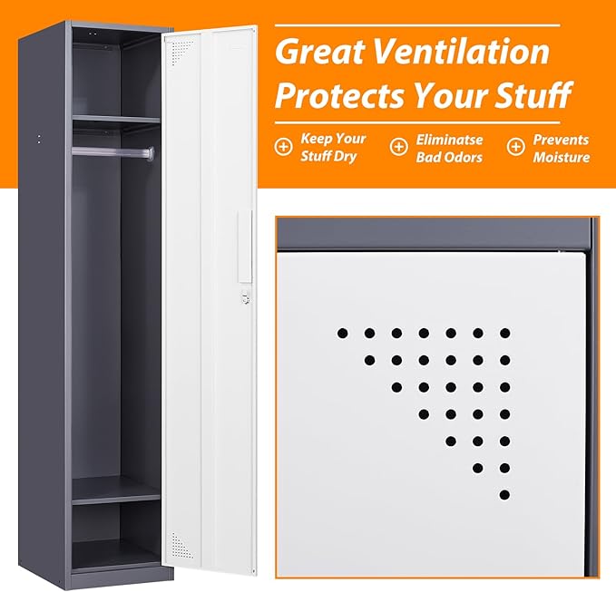 Metal Locker for Home, Dressing Room, 71" Steel Storage Lockers for Employees, Lockable Locker Cabinet with 1 Door (Grey White)