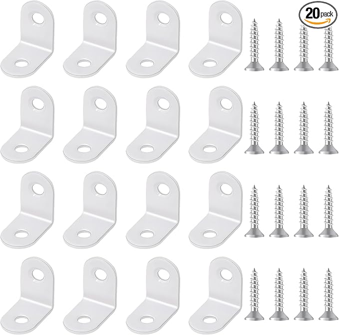 20 Pcs Small Right Angle Bracket White Corner Brace L Shape Shelf Bracket 90 Degree Metal Brace Decorative Joint Angle Support with Screws for Shelves Furniture Cabinet
