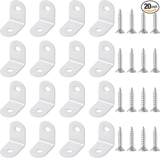 20 Pcs Small Right Angle Bracket White Corner Brace L Shape Shelf Bracket 90 Degree Metal Brace Decorative Joint Angle Support with Screws for Shelves Furniture Cabinet