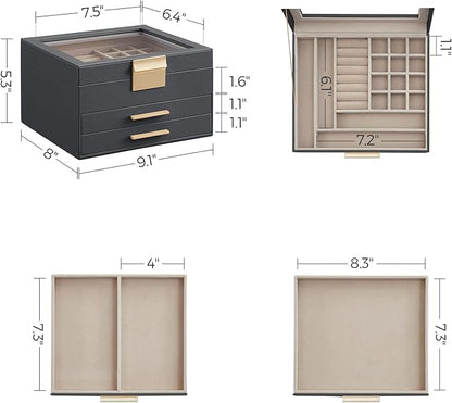 SONGMICS GISELLA Collection - Jewelry Box Organizer, 3-Layer Jewelry Storage with 2 Drawers, Shiny Metal Hardware, Glass Lid, Modern, 8 x 9.1 x 5.3 Inches, Gray and Gold Color UJBC239G02