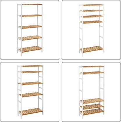 SONGMICS Bamboo Storage Shelf, 5-Tier Shelving Unit, Multifunctional, in The Entryway, Bathroom, Living Room, Balcony, Kitchen, 10.2 x 23.6 x 51.2 Inches, Cloud White and Light Bamboo UBCB35WN