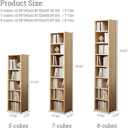IOTXY Small Narrow Corner Bookcase - 47 Inches Tall Gap Freestanding Storage Cabinet, 5 Lattices Open Shelves Tower Rack, Cubes Bookshelf in Oak