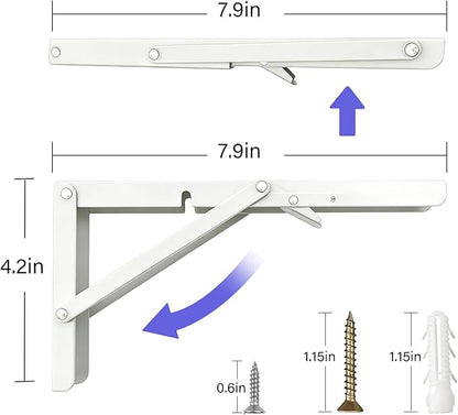 8 Inch Folding Shelf Brackets Heavy Duty, 2 Pcs Collapsible Shelf Brackets, Fold Down Shelf Brackets 8 10 12 14 16 18 20in for Foldable Shelf, Wall Mounted Folding Table Brackets White