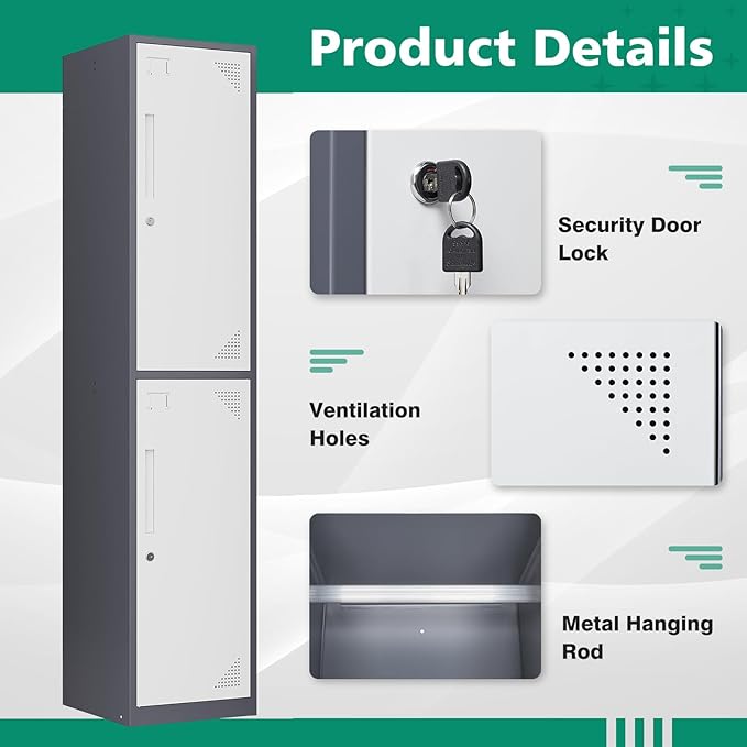 Letaya Metal Locker 2 Lockable Door,71" Tall Steel Storage Cabinet for School Office Gym Home Employees Staff (2 Door -Grey White)