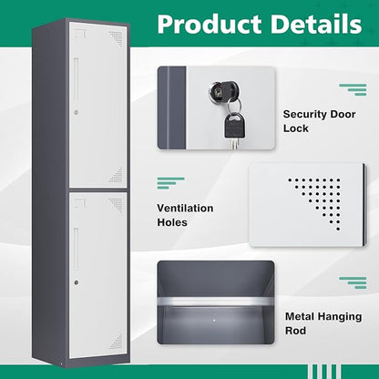 Letaya Metal Locker 2 Lockable Door,71" Tall Steel Storage Cabinet for School Office Gym Home Employees Staff (2 Door -Grey White)