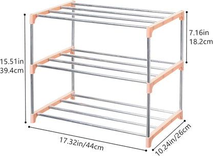 Stackable Small Shoe Rack, Entryway, Hallway and Closet Space Saving Storage and Organization (3-Tier, Pink)