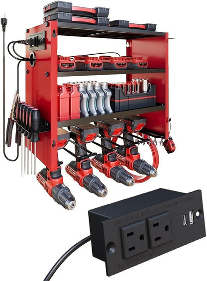 4 Layers Power Tool Organizer Wall Mount with Power Strip, Heavy Duty Metal Tool Shelf, 400lbs Capacity for Cordless Drills, Batteries & Garage Storage (4 Slots with 2 Outlets Power Strip)