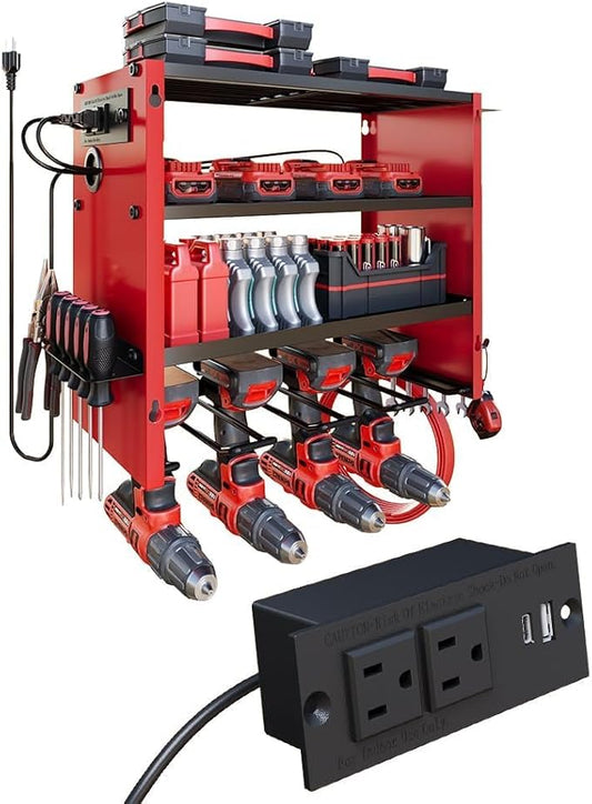 4 Layers Power Tool Organizer Wall Mount with Power Strip, Heavy Duty Metal Tool Shelf, 400lbs Capacity for Cordless Drills, Batteries & Garage Storage (4 Slots with 2 Outlets Power Strip)