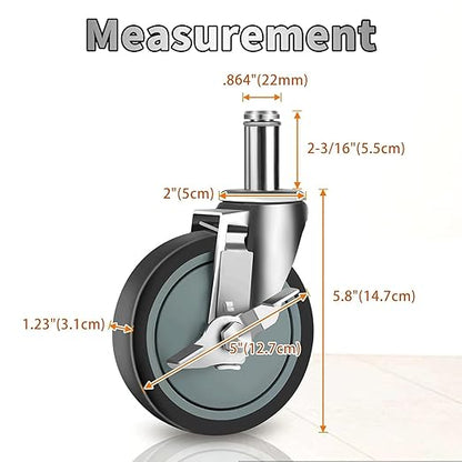 5 inches Stem Casters for Wire Shelving Racks, Heavy Duty Wheels with Brake Set of 4 Swivel Casters Scaffolding Wheel Replacement (.864" x 2-3/16")
