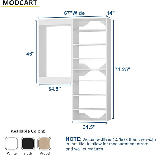 Modular Closet System, 67" Wide Closet Organizer System with Towers and Hanging, Wood Closet Tower Storage for Walk In Closets, Wall Mounted Wardrobe Organizer Kit System, Bedroom, White