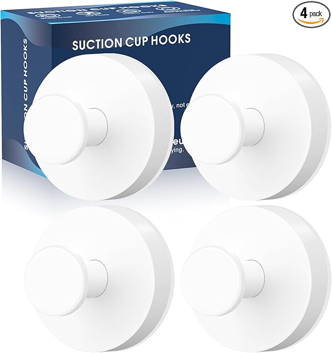 Suction Cup Hooks for Shower,Removable Shower Towel Suction Hooks for Bathroom Wall,Kitchen,Glass,Mirror,Tile to Hang Robes,Loofah-White(4-Pack)