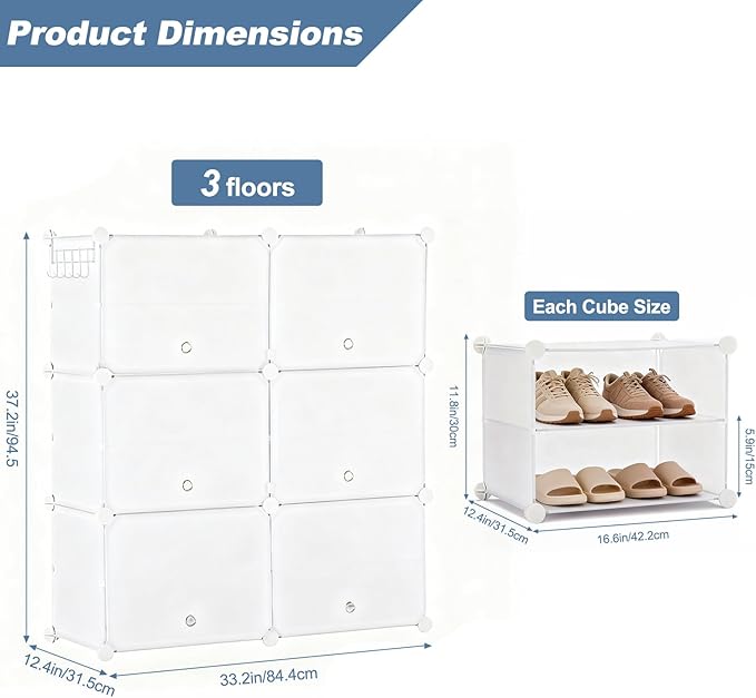 DUMOS Shoe Rack Organizer, 6-Tier Shoe Storage Cabinet with Door, Stackable Plastic Shoe Shelves Organizer for Closet,Entryway,Hallway,Bedroom, 24 Pairs, White