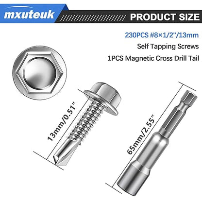 mxuteuk #8×1/2" Self Tapping Screws,410 Stainless Steel Self Tapping Screws for Metal,Self Drilling Screws,Hex Washer Head Sheet Metal Screws Suitable for Wood, Metal or Tough Materials (230PCS)