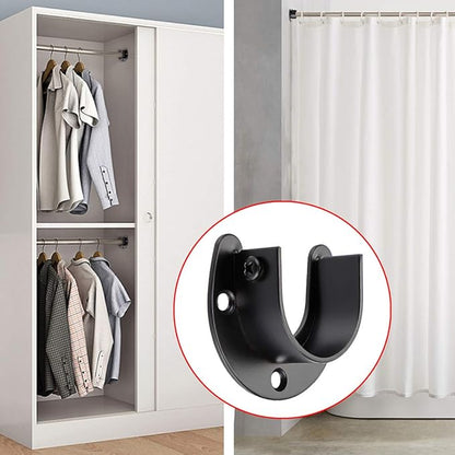 OwnMy 4 Packs Closet Rod End Supports Brackets 1-1/2" Diameter, U Shaped Stainless Steel Closet Pole Sockets Flange Rod Holder for Closet Wardrobe Shower Curtain (Black)
