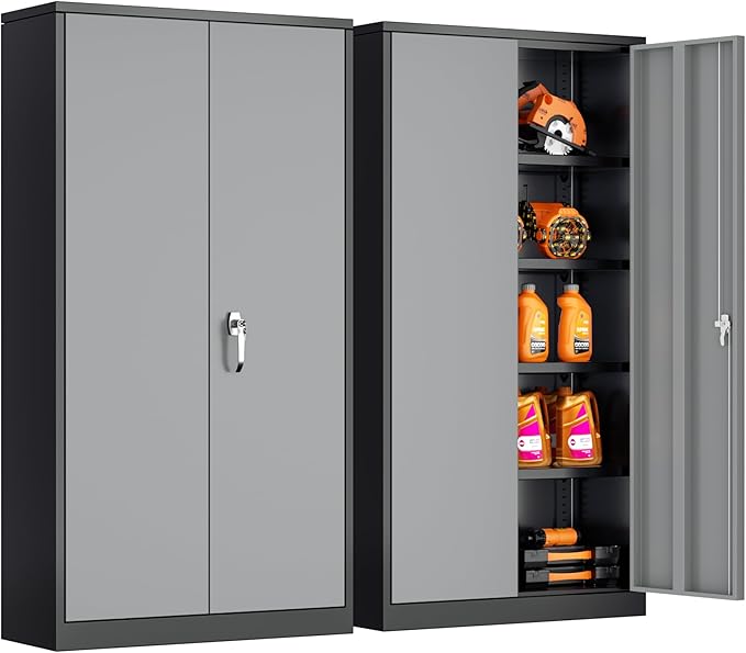 Bonusall Garage Cabinet with Lock, 2 Doors Metal Tool Cabinets with 4 Adjustable Shelves, Lockable Steel Cabinet for Home Office, Warehouse，School(Black Grey)