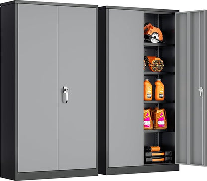 Bonusall Garage Cabinet with Lock, 2 Doors Metal Tool Cabinets with 4 Adjustable Shelves, Lockable Steel Cabinet for Home Office, Warehouse，School(Black Grey)