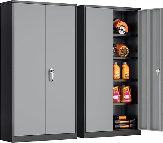 Bonusall Garage Cabinet with Lock, 2 Doors Metal Tool Cabinets with 4 Adjustable Shelves, Lockable Steel Cabinet for Home Office, Warehouse，School(Black Grey)